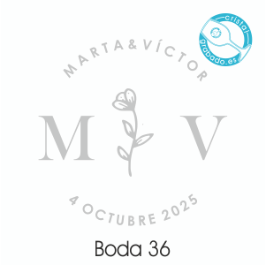 Sello de boda con diseño elegante, los nombres de los novios, las iniciales, una rosa y la fecha de la boda